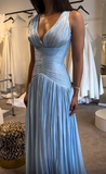 Ndyad Blue V-neck Evening Gowns Chiffon Elegant Ball Gown Wedding Guest Dress Graduation Prom Dress HZ1024