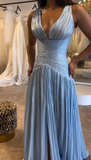 Ndyad Blue V-neck Evening Gowns Chiffon Elegant Ball Gown Wedding Guest Dress Graduation Prom Dress HZ1024