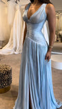 Ndyad Blue V-neck Evening Gowns Chiffon Elegant Ball Gown Wedding Guest Dress Graduation Prom Dress HZ1024