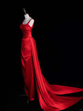 Ndyad Burgundy Sheath Long Evening Gowns Satin Square Neck Formal Dress Prom Dresses Bridesmaid Dresses HZ1024