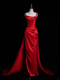 Ndyad Burgundy Sheath Long Evening Gowns Satin Square Neck Formal Dress Prom Dresses Bridesmaid Dresses HZ1024