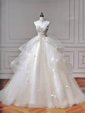 Ndyad White Sweetheart Neck Wedding Dress Long Ball Gowns Tulle Beaded Quinceanera Dress Bridal Gown HZ1024