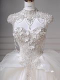 Ndyad White Sweetheart Neck Wedding Dress Long Ball Gowns Tulle Beaded Quinceanera Dress Bridal Gown HZ1024