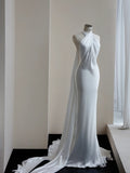 Ndyad White Halter Neck Wedding Dress Long Mermaid Evening Gown Satin Simple 22nd Birthday Outfit HZ1024