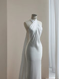 Ndyad White Halter Neck Wedding Dress Long Mermaid Evening Gown Satin Simple 22nd Birthday Outfit HZ1024