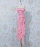 Ndyad Pink Spaghetti Strap Evening Dress 16th Birthday Dress Sheath Chiffon Ruffle Formal Dresses HZ1024