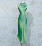 Ndyad Gradient Green Sheath Formal Dresses Vintage Elegant High Neck Satin Evening Dress Party Dress HZ1024