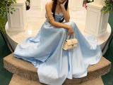 Ndyad A-Line Sky Blue Evening Gowns Sweetheart Neck Formal Dresses Satin Elegant 18th Birthday Outfit HZ1024