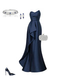 Ndyad Navy Blue Mermaid Evening Gowns Strapless Satin Graduation Prom Dress Elegant Formal Dresses HZ1024