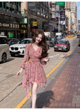 Evafashion pink floral V-neck long-sleeved dress HZ1024