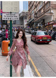 Evafashion pink floral V-neck long-sleeved dress HZ1024