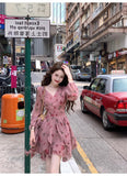 Evafashion pink floral V-neck long-sleeved dress HZ1024