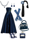 Ndyad Navy Blue A-Line Evening Gowns Satin Sequin Strapless Prom Dresses Elegant Birthday Party Outfits HZ1024