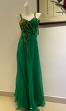 Ndyad Green Sheath Formal Dress Beaded Applique Tulle Long Prom Dresses Classy Pleated Evening Dress HZ1024