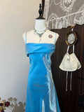 Ndyad Blue Sheath Formal Dress Elegant Satin Spaghetti Straps Long Prom Dresses Classy 18th Birthday Outfit HZ1024