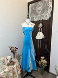 Ndyad Blue Sheath Formal Dress Elegant Satin Spaghetti Straps Long Prom Dresses Classy 18th Birthday Outfit HZ1024