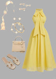 Ndyad Butter Yellow Ball Gown Halter Chiffon Formal Dress Fashion Party Outfit HZ1024