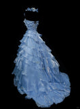 Ndyad Light Blue Organza Long Ball Gowns Beaded Appliqu¨¦s Tiered Bridal Gowns Cute Quinceanera Dress HZ1024