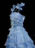 Ndyad Light Blue Organza Long Ball Gowns Beaded Appliqu¨¦s Tiered Bridal Gowns Cute Quinceanera Dress HZ1024