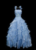 Ndyad Light Blue Organza Long Ball Gowns Beaded Appliqu¨¦s Tiered Bridal Gowns Cute Quinceanera Dress HZ1024