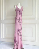Ndyad Light Purple Sheath Evening Dress U Neck Chiffon Vintage Long Formal Dress Beaded Applique Prom Dresses HZ1024