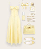Ndyad Butter Yellow Spaghetti Strap Tea Length Party Dress Cute Ball Gown 16th Birthday Outfit HZ1024