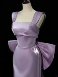 Ndyad Purple Mermaid Evening Gowns Elegant Satin Square Neck Long Prom Dresses with Bow HZ1024