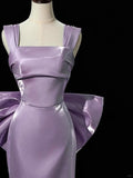 Ndyad Purple Mermaid Evening Gowns Elegant Satin Square Neck Long Prom Dresses with Bow HZ1024