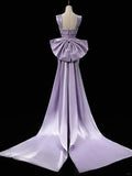 Ndyad Purple Mermaid Evening Gowns Elegant Satin Square Neck Long Prom Dresses with Bow HZ1024