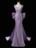 Ndyad Purple Mermaid Evening Gowns Elegant Satin Square Neck Long Prom Dresses with Bow HZ1024