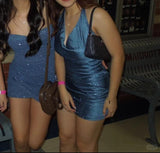 Ndyad Blue Strapless Sheath Short Homecoming Dress Fashion Sparkly Party Dress Satin 18th Birthday Outfit HZ1024
