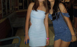Ndyad Blue Strapless Sheath Short Homecoming Dress Fashion Sparkly Party Dress Satin 18th Birthday Outfit HZ1024