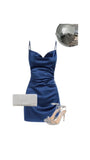 Ndyad Navy Blue Spaghetti Strap Sheath Short Homecoming Outfit Elegant Party Dress Satin Middle School Hoco Dresses HZ1024