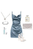 Ndyad Gray Blue Spaghetti Strap Sheath Short Homecoming Outfit Fashion Satin Birthday Dress Middle School Hoco Dresses HZ1024