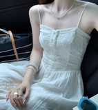 Evafashion style embroidered single-breasted button white suspender dress HZ1024