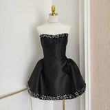 Ndyad Black Strapless Short Ball Gown Sequin Formal Dress Homecoming Dresses Satin Elegant Birthday Outfit Party Dresses HZ1024
