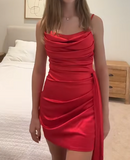 Ndyad Red Spaghetti Strap Sheath Short Formal Dress Homecoming Dresses Satin Elegant Birthday Outfit Party Dresses HZ1024