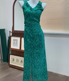 Evafashion retro floral ruffled temperament waist slit dress HZ1024