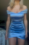 Ndyad Blue Off Shoulder Bodycon Short Formal Dress Satin Homecoming Dresses Elegant Birthday Outfit Party Dresses HZ1024