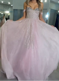 Ndyad Pink Off-the-Shoulder A-Line Prom Dresses Glitter Tulle Evening Gowns Sweet 18th Birthday Dress Graduation Dress HZ1024