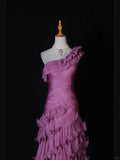Ndyad Purple One Shoulder Formal Dress Mermaid Chiffon Evening Gowns Stunning Prom Dresses HZ1024
