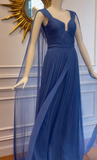 Ndyad Blue V-neck A-Line Evening Gowns Stunning Chiffon Pleated Formal Dress Graduation Dress HZ1024