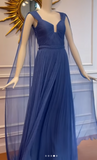 Ndyad Blue V-neck A-Line Evening Gowns Stunning Chiffon Pleated Formal Dress Graduation Dress HZ1024