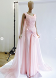 Ndyad Pink Formal Dress Boat Neck Sheath Evening Gowns Stunning Chiffon Beaded 18th Birthday Dress HZ1024