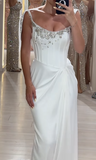 Ndyad White Sheath Long Prom Dresses Elegant Satin Formal Dress Beaded Trailing Evening Dress HZ1024