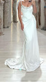 Ndyad White Sheath Long Prom Dresses Elegant Satin Formal Dress Beaded Trailing Evening Dress HZ1024