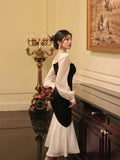 Ndyad Square Neck Contrast Color Stitching Slim Fishtail Dress HZ1024