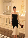 Ndyad Square Neck Contrast Color Stitching Slim Fishtail Dress HZ1024