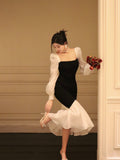 Ndyad Square Neck Contrast Color Stitching Slim Fishtail Dress HZ1024