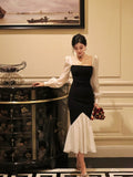 Ndyad Square Neck Contrast Color Stitching Slim Fishtail Dress HZ1024